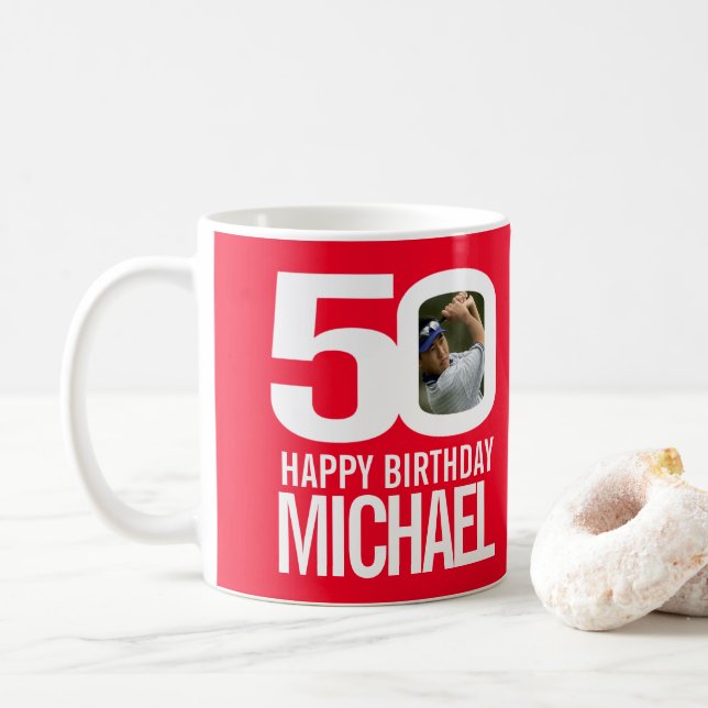 50. Geburtstag, rotes, weißes Foto Kaffeetasse (Mit Donut)