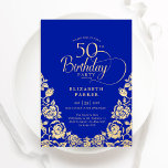 50. Geburtstag Royal Blue Gold Rose Einladung<br><div class="desc">Königlich blaues Gold elegante 50. Geburtstagsfeier Einladung. Klassisches Design mit Rose,  Imitaten Goldfolie und Typografie Script Schriftart. Die trendige Einladungskarte eignet sich perfekt für eine stilvolle Damenfeier. Personalisieren Sie Ihre persönlichen Daten. Kann für jedes Alter angepasst werden. Gedruckte Zazzle-Einladungen oder Sofortdownload digitaler Druckvorlage.</div>