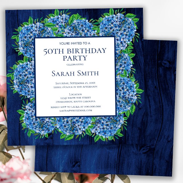 50. Geburtstag Rustic Wood Blue Hydrangeas Party Einladung (Von Creator hochgeladen)