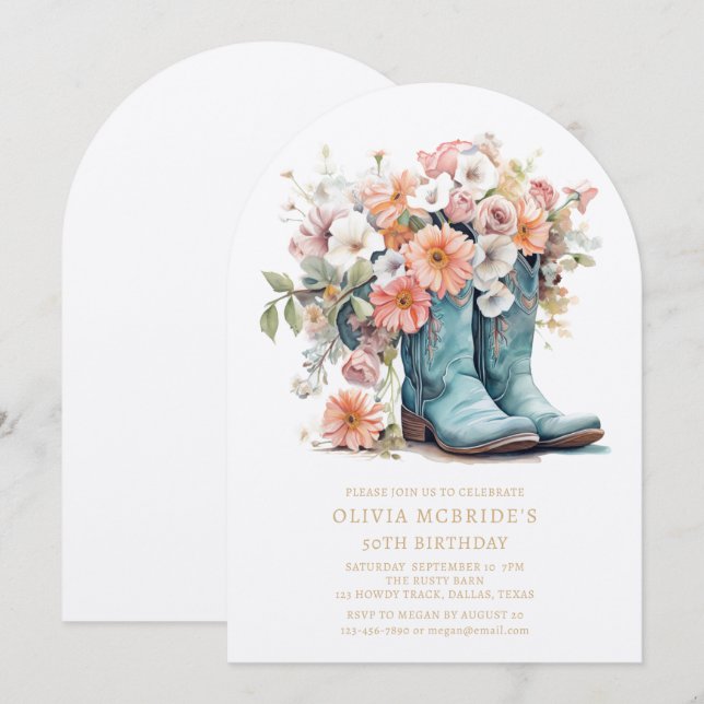 50. Geburtstag Rustikales Cowgirl Boots Blume Einladung (Vorne/Hinten)