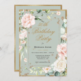 50. Geburtstag Sage Green Gold Aquarell Floral Einladung