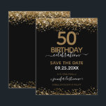 50. Geburtstag Save the Date Einladung<br><div class="desc">Eleganter Imitat Gold Glitzer mit schimmernden Konfetti Highlights auf der Ober- und Untergrenze. Alle Texte sind individuell einstellbar und lassen sich für Ihr eigenes Party leicht ändern. Großartiges elegantes 50. Geburtstagsgeschmacksdesign.</div>