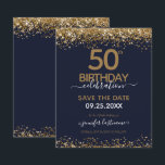 50. Geburtstag Save the Date Einladung<br><div class="desc">Eleganter Imitat Gold Glitzer mit schimmernden Konfetti Highlights auf der Ober- und Untergrenze. Alle Texte sind individuell einstellbar und lassen sich für Ihr eigenes Party leicht ändern. Großartiges elegantes 50. Geburtstagsgeschmacksdesign.</div>