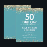 50. Geburtstag Save the Date Einladung<br><div class="desc">Eleganter Imitat Gold Glitzer mit schimmernden Konfetti Highlights auf der Ober- und Untergrenze. Alle Texte sind individuell einstellbar und lassen sich für Ihr eigenes Party leicht ändern. Großartiges elegantes 50. Geburtstagsgeschmacksdesign.</div>