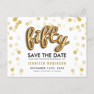 50. Geburtstag Save the Date Gold Balloons Glitzer Ankündigungspostkarte