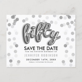50. Geburtstag Save the Date Silver Balloon Glitze Ankündigungspostkarte