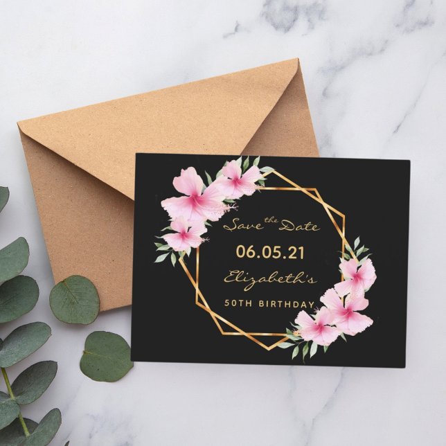 50. Geburtstag Save the Date tropisches schwarzes  Postkarte (Von Creator hochgeladen)