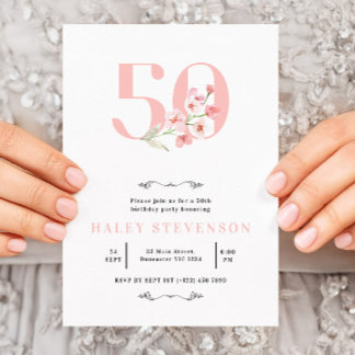50. Geburtstag schlichtes Rosa und Weiße Blumen El Einladung