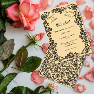 50. Geburtstag Schwarz & Beige Botanische Flora Einladung