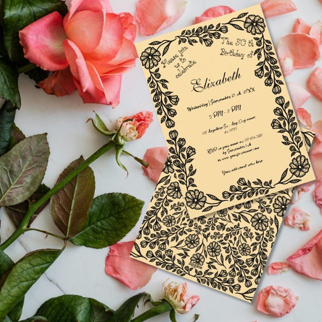 50. Geburtstag Schwarz & Beige Botanische Flora Einladung (Von Creator hochgeladen)