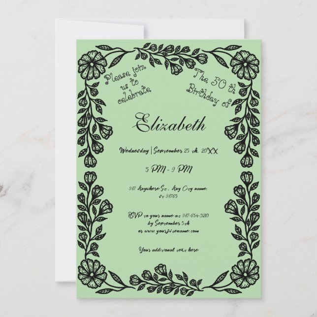 50. Geburtstag Schwarz & Blassgrün Botanische Flor Einladung (Vorderseite)