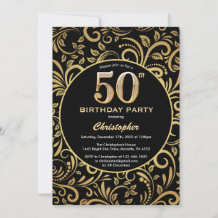 50. Geburtstag Schwarz-Gold-Blütenmuster Einladung