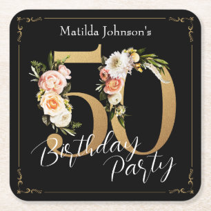 50. Geburtstag Schwarz Gold Floral Vintage Bohemia Rechteckiger Pappuntersetzer