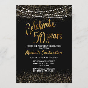 50. Geburtstag Schwarz Gold Glitter Lichterkette Einladung