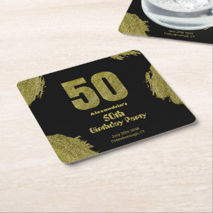 50. Geburtstag Schwarz-Gold-Glitter-Party Rechteckiger Pappuntersetzer