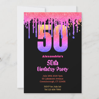 50. Geburtstag schwarz heiß rosa ombre Glitzer Par Einladung
