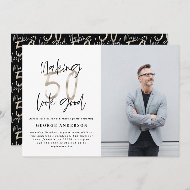 50. Geburtstag schwarz silber elegant modern (Vorne/Hinten)