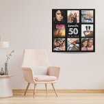 50. Geburtstag Schwarz-Silber-Foto Collage Künstlicher Leinwanddruck<br><div class="desc">Ein einzigartiges Geschenk für einen 50. Geburtstag, das ihr Leben mit einer Collage von 8 eigenen Fotos, Bildern feiert. Personalisieren und fügen Sie ihren Namen und ein Datum. Ein schicker schwarzer Hintergrund. Der Name ist mit einem modernen handgeschriebenen Stil Skript geschrieben, Nummer 50 mit einem Imitat silberne Ballon Stil Schriftart....</div>