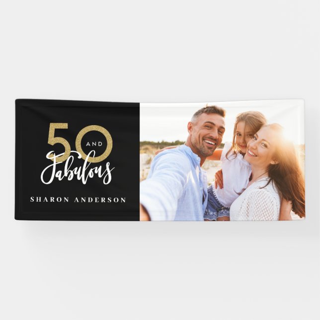50. Geburtstag Schwarz und Gold modernes Foto Banner (Horizontal)