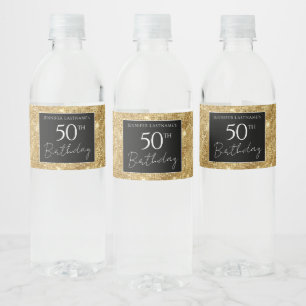 50. Geburtstag Schwarz und Gold Shimmer Wasserflaschenetikett