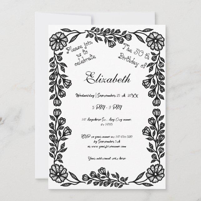 50. Geburtstag Schwarz-Weiß Botanische Flora Einladung (Vorderseite)