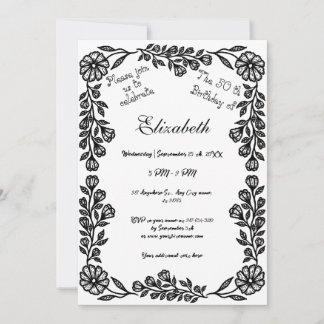 50. Geburtstag Schwarz-Weiß Botanische Flora Einladung