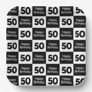 50. Geburtstag Schwarz-Weiß-Schachbrett-Design Pappteller