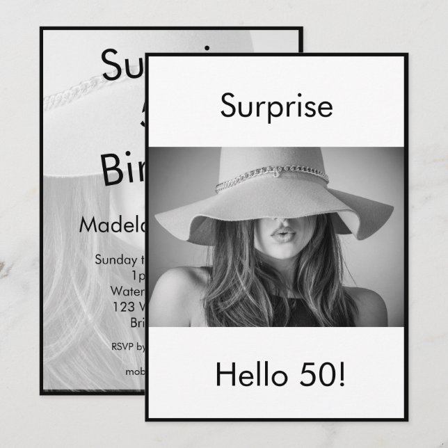 50. Geburtstag Schwarz-weißes Foto Überraschung El Einladung (Vorne/Hinten)