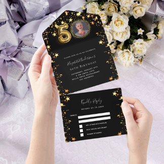 50. Geburtstag schwarze goldene Sterne Foto uAwg All In One Einladung