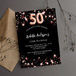 50. Geburtstag schwarze Rose goldene Sterne Einladungspostkarte<br><div class="desc">Ein klassischer schwarzer Hintergrund mit goldenen Sternen aus der Rose. Personalisieren und fügen Sie einen Namen und Party-Details hinzu. Die Zahl wird mit einem Ballonstil-Skript geschrieben.</div>