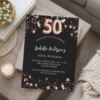 50. Geburtstag schwarze Rose goldene Sterne Luxus Einladung