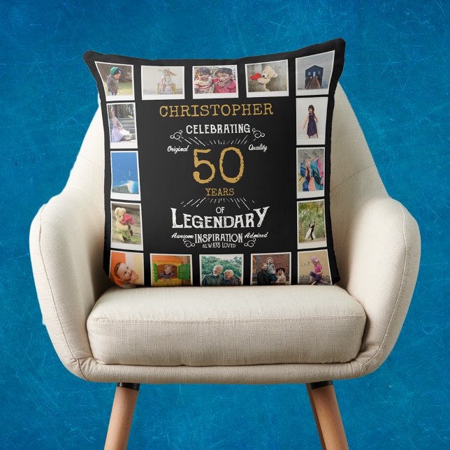 50. Geburtstag Schwarzes Gold FotoCollage Kissen (Personalized 50th birthday gift throw pillow with 16 photos of your choice.)