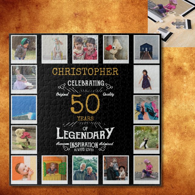 50. Geburtstag Schwarzes Gold FotoCollage Puzzle (A personalized elegant 50th birthday vintage puzzle that is easy to customize but hard to complete)