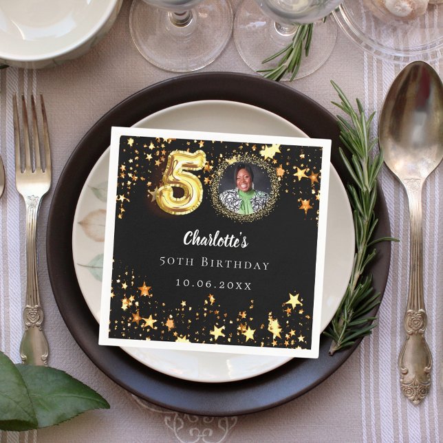 50. Geburtstag Schwarzes Gold Sterne Foto Serviette (Von Creator hochgeladen)