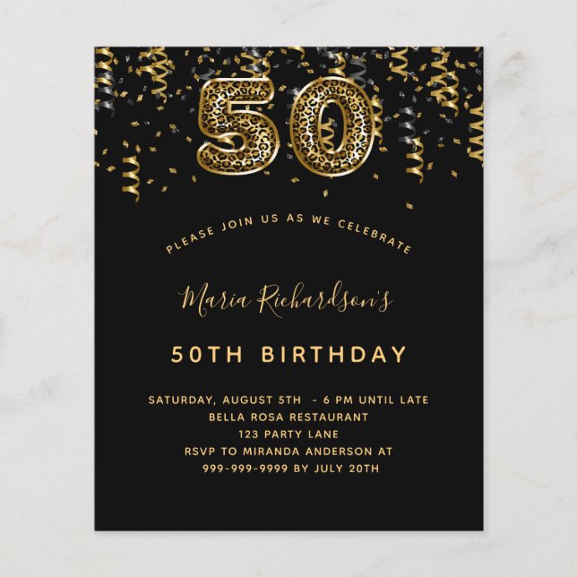 50. Geburtstag schwarzes Goldleopard-Party (Vorderseite)