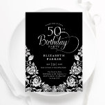 50. Geburtstag Schwarzes Silber Rose Einladung<br><div class="desc">Schwarz silber elegante 50. Geburtstagsfeier Einladung. Klassisches Design mit Rose,  Imitaten Silberfolie und Typografie Script Schriftart. Die trendige Einladungskarte eignet sich perfekt für eine stilvolle Damenfeier. Personalisieren Sie Ihre persönlichen Daten. Kann für jedes Alter angepasst werden. Gedruckte Zazzle-Einladungen oder Sofortdownload digitaler Druckvorlage.</div>