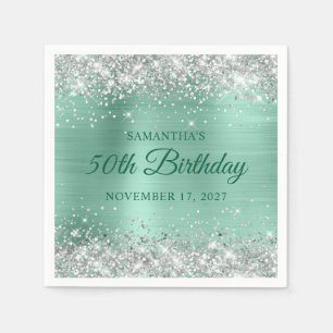 50. Geburtstag Silber Glitter Light Teal Folie Serviette