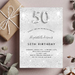 50. Geburtstag Silber Glitzer Einladung<br><div class="desc">Eine moderne,  stilvolle und glamouröse Einladung zu einer 50. Geburtstagsfeier. Ein silbernes Imitat mit Glitzer-Staub. Personalisieren Sie Ihren Namen und Ihre Party-Daten und fügen Sie diese hinzu. Nummer 50 wird mit einem Schriftart im Ballonstil geschrieben,  Skript. Zurück: silberer Hintergrund,  Postkartendesign.</div>