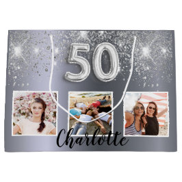 50. Geburtstag silber Glitzer Staub Foto Monogramm Große Geschenktüte