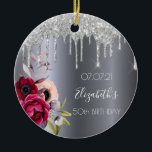 50. Geburtstag Silberner Glitzer Tropfen Blumenbur Keramik Ornament<br><div class="desc">Ein Ornament zum 50. Geburtstag. Ein dunkles Imitat silber aussehender Hintergrund. Mit dunklen lila und bordeauxfarbenen Blume und Rose rosa, Imitate silberne Glitzer tropfen, Farbe Tropfen aussehen. Vorlagen für einen Namen, Datum und Alter 50. Der Name ist mit einem weißen, modernen, handgeschriebenen Stil geschrieben. Perfekt wie Winterdekoration, Gaumenfreuden, Sake oder...</div>