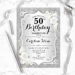 50. Geburtstag - Silberstreifen Weiße Rosen Einladung<br><div class="desc">Einladung zum 50. Geburtstag. Elegantes Blumendesign in Silber und Weiß. Features Imitate Glitzer silberne Streifen,  weiße Rosen Stilskript-Schriftart und Konfetti. Ideal für eine gläserne Geburtstagsfeier.</div>