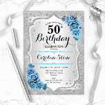 50. Geburtstag - Silver Stripes Icy Blue Rose Einladung<br><div class="desc">Einladung zum 50. Geburtstag. Elegantes Blumendesign in Silber und Eisblau. Imitate Glitzer silberne Streifen,  türkisfarbene Rose stilvolle Skript-Schriftart und Konfetti. Ideal für eine gläserne Geburtstagsfeier.</div>
