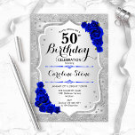 50. Geburtstag - Silver Stripes Royal Blue Rose Einladung<br><div class="desc">Einladung zum 50. Geburtstag. Elegantes Blumendesign in Silber und Königblau. Enthält Imitate Glitzer silberne Streifen,  saphire Rose stilvolle Skript-Schriftart und Konfetti. Ideal für eine gläserne Geburtstagsfeier.</div>
