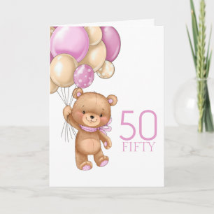 50. Geburtstag süße rosa Ballons Mädchen Teddy Kar Karte