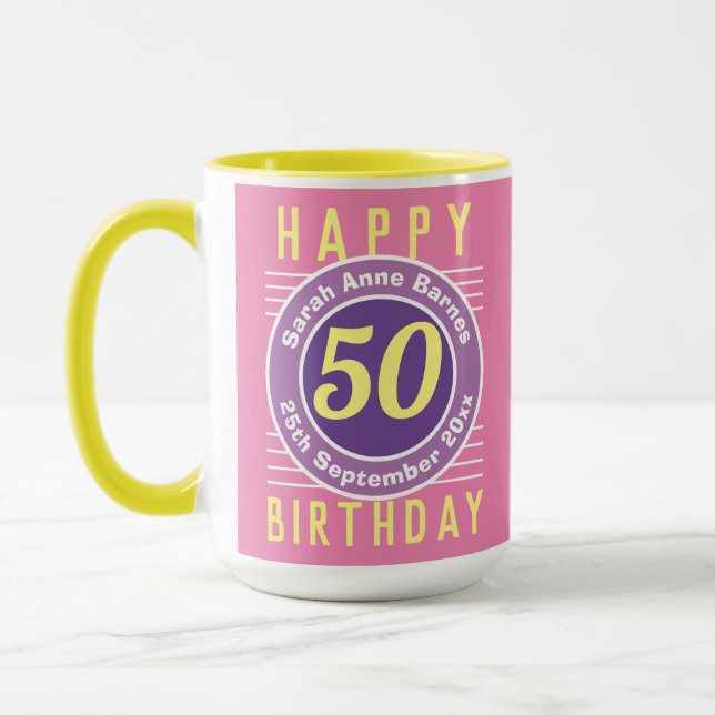 50. Geburtstag Tasse mit Alter, Name und Datum (Links)