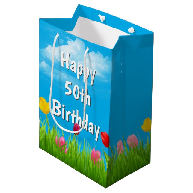50. Geburtstag Tulips Mittlere Geschenktasche Mittlere Geschenktüte (Vorderseite Schrägansicht)