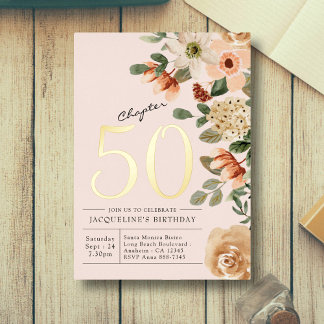 50. Geburtstag Vintager Blumenpfirsich Kapitel 50 Folieneinladung