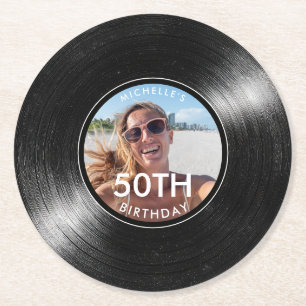 50. Geburtstag Vinyl-Schallplatte Foto-Papier Unte Runder Pappuntersetzer