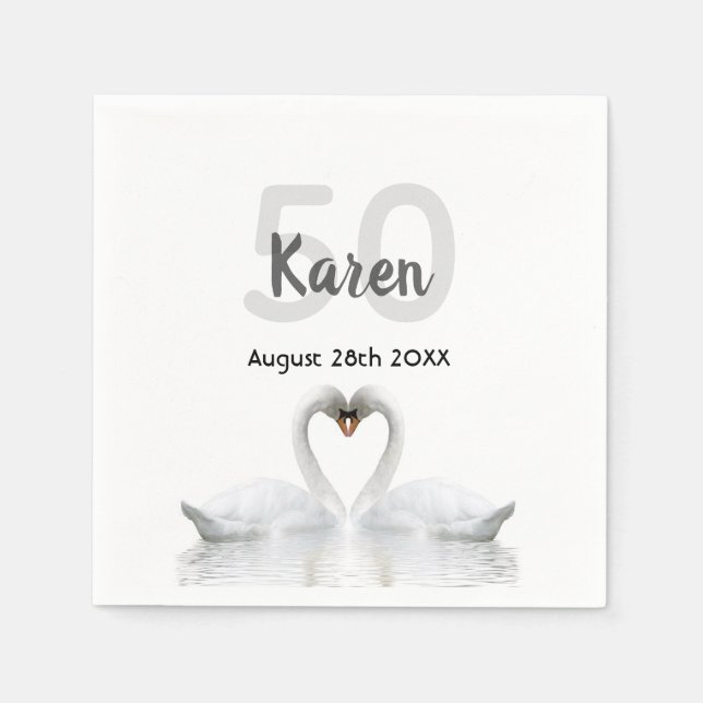 50. Geburtstag weiße Schwäne schwarzen Namen elega Serviette (Vorderseite)