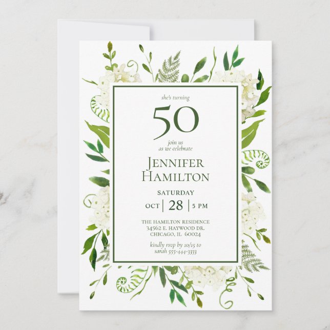 50. Geburtstag Weißer Hydrangeas Einladung (Vorderseite)